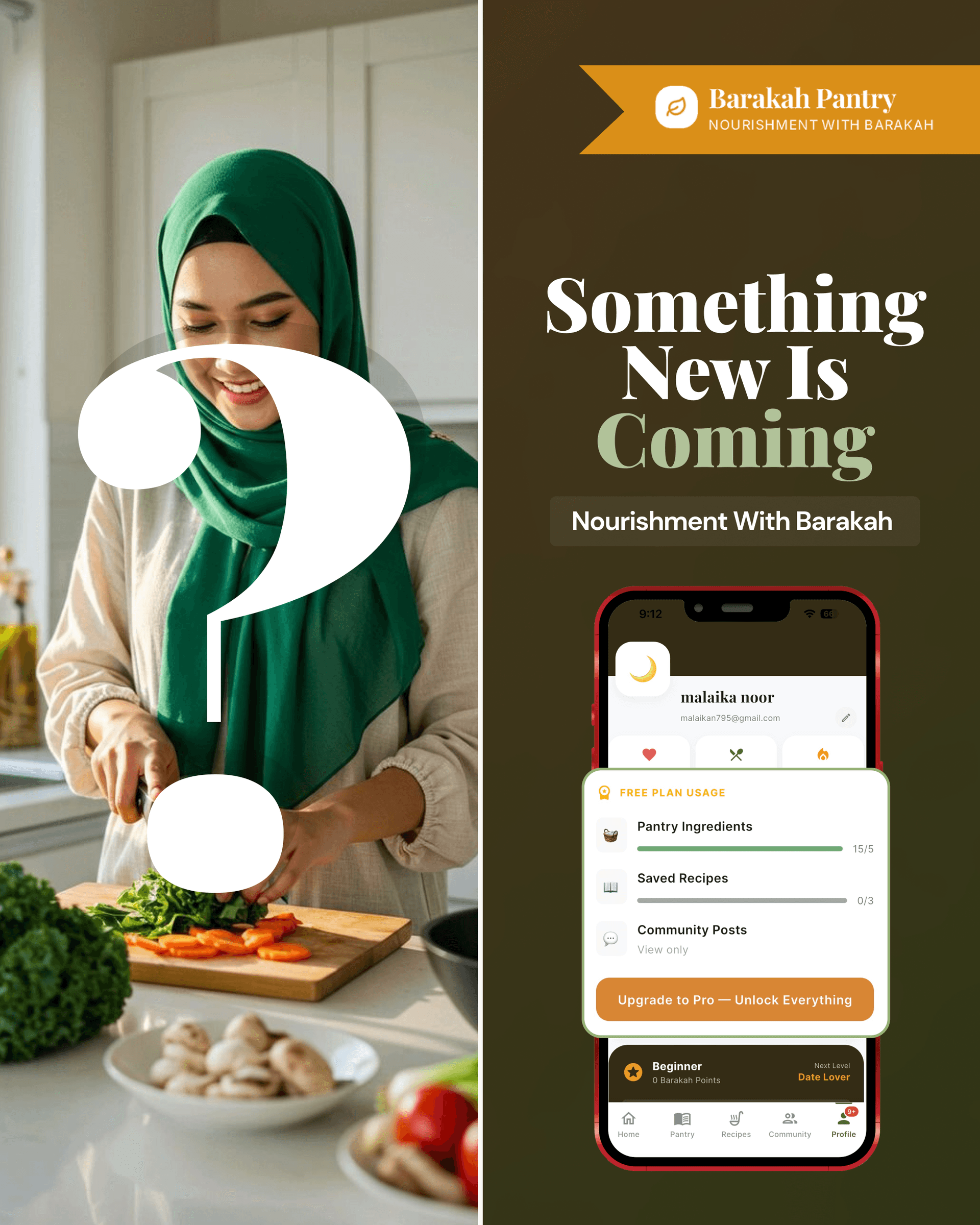 Profile screen showing free plan usage, Barakah Points and upgrade CTA