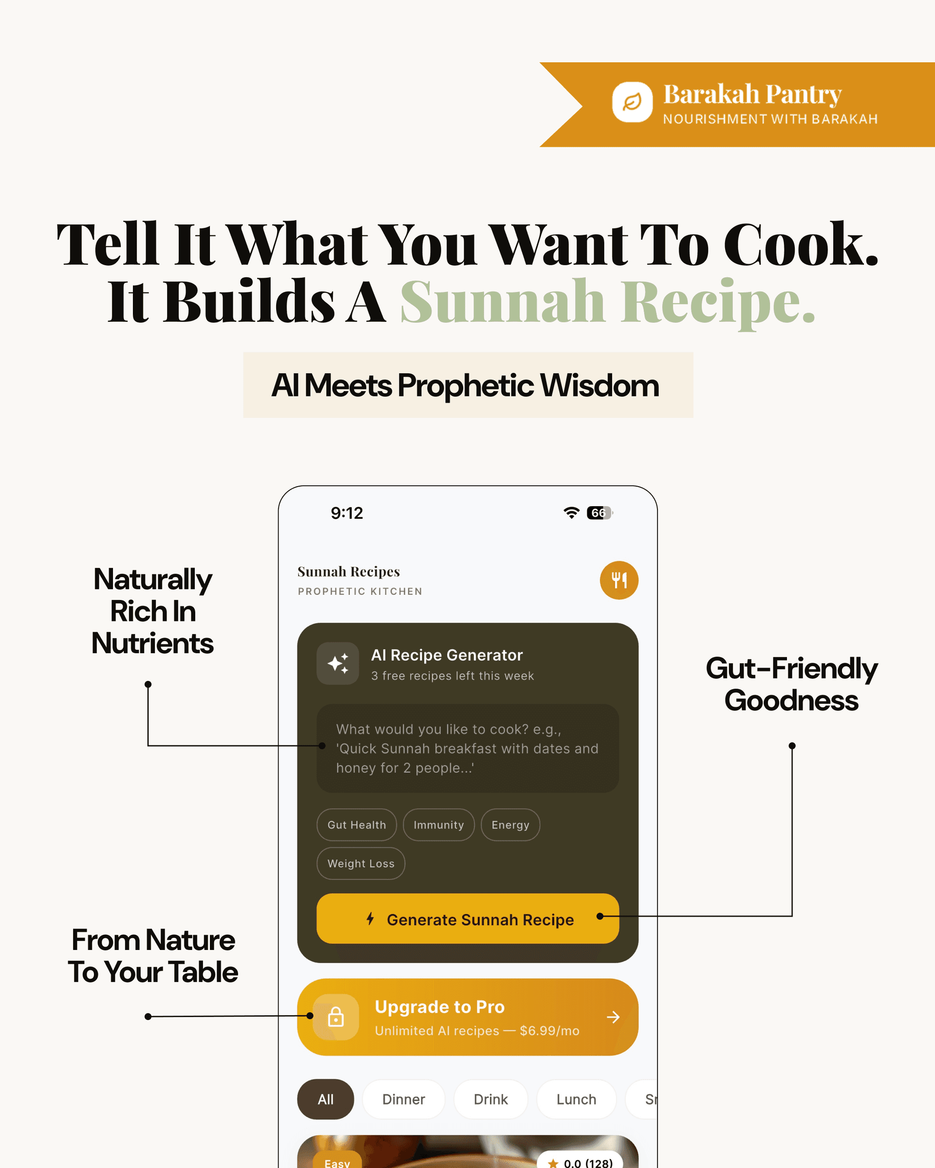 AI Recipe Generator screen showing a Sunnah recipe with macros and source hadith