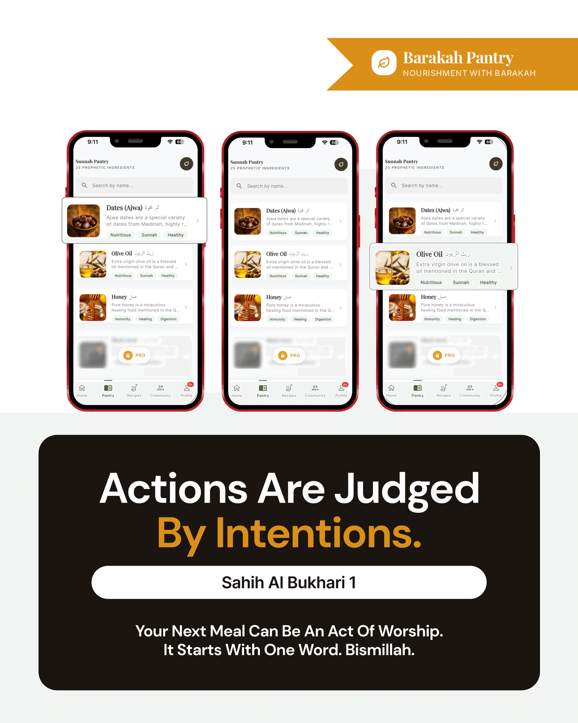 Three-phone fan showing the Barakah Pantry app