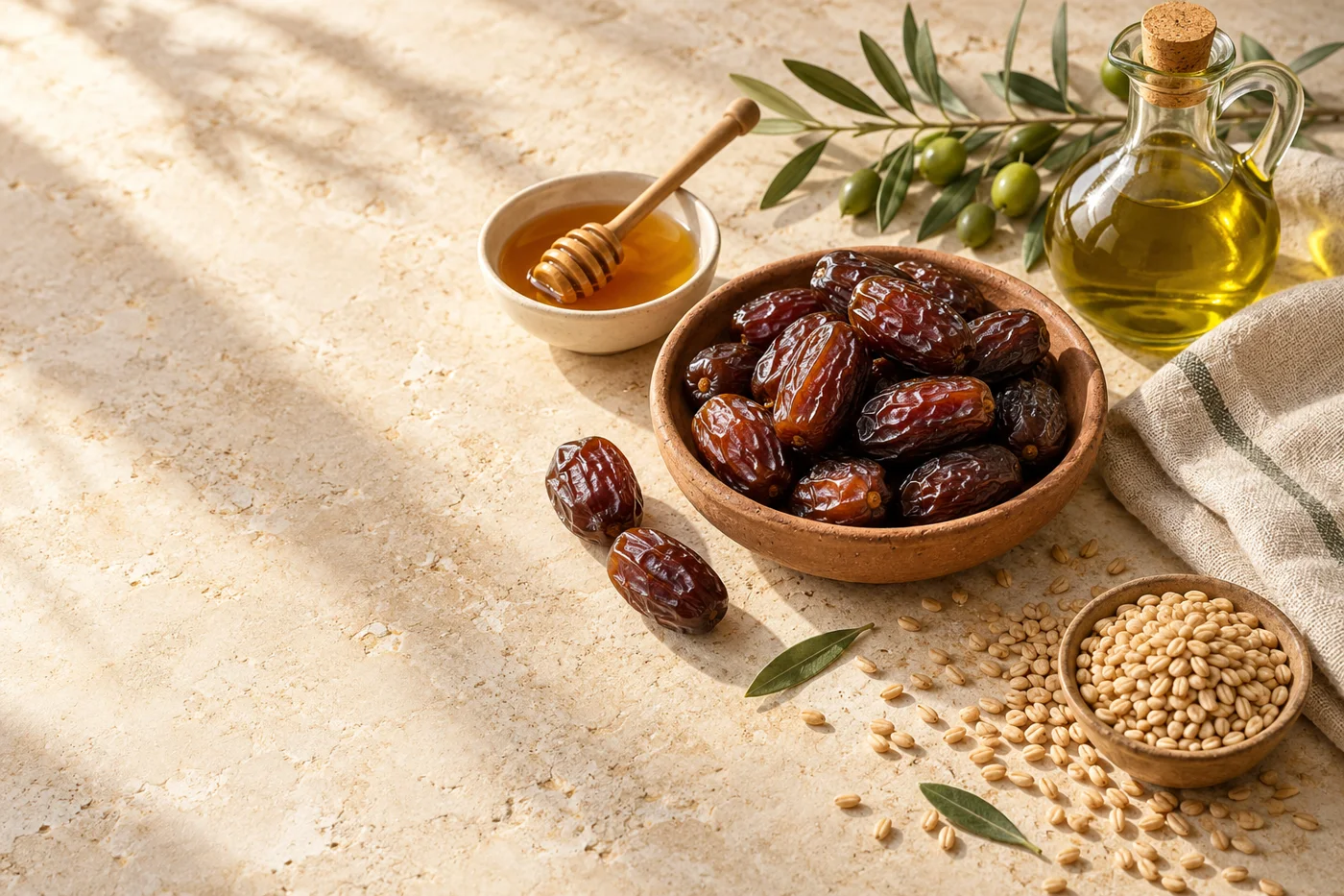 Dates, honey, olive oil and barley arranged on a warm stone table