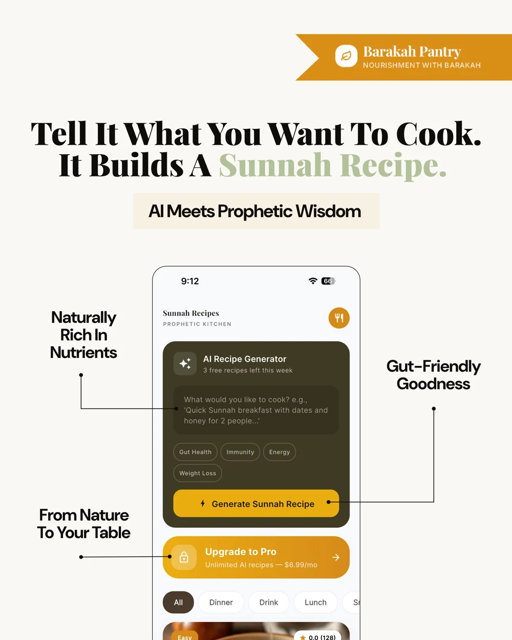 Barakah Pantry promotional preview of the AI recipe generator